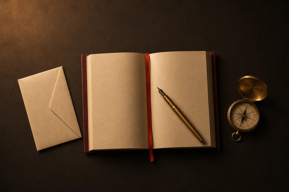 Open book, fountain pen, compass and envelope representing study and career advisory