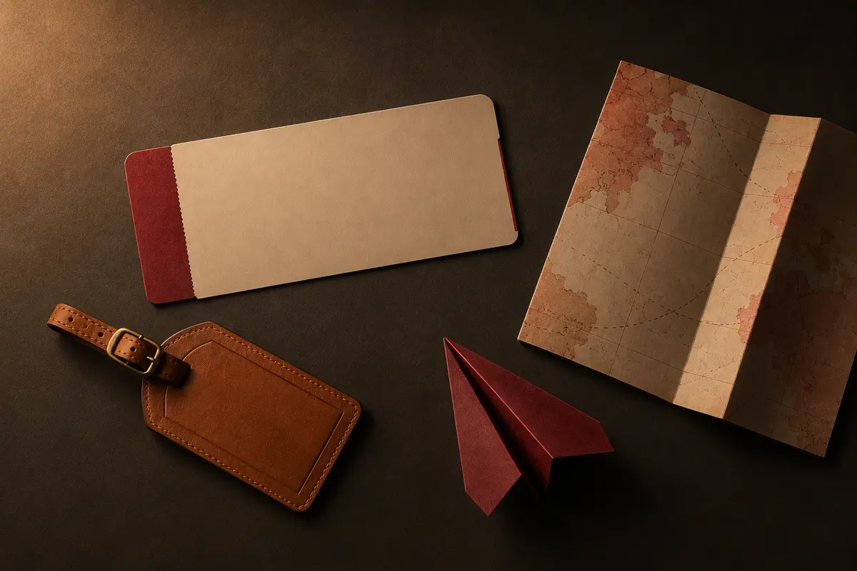 Boarding pass, leather luggage tag, folded map and paper plane representing UK immigration advisory